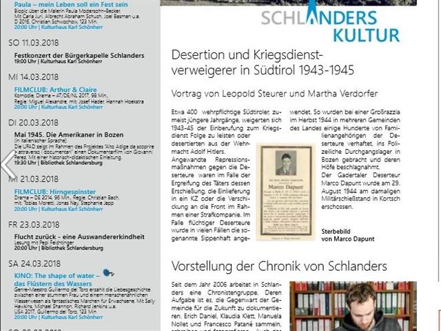 Foto della pagina culturale nel giornale "derVinschger"